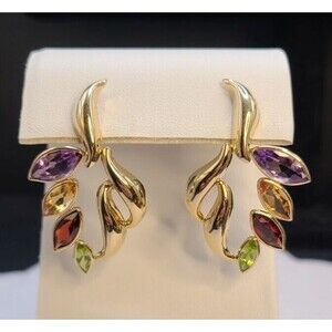 14 K  Gold Amethyst Citrine Garnet Peridot Dangle Leaf Earrings 1.5" Long